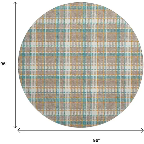 8' X 8' Taupe Ivory And Teal Plaid Washable Round Rug With UV Protection Photo 9