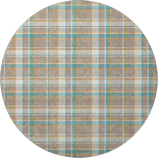 8' X 8' Taupe Ivory And Teal Plaid Washable Round Rug With UV Protection Photo 3