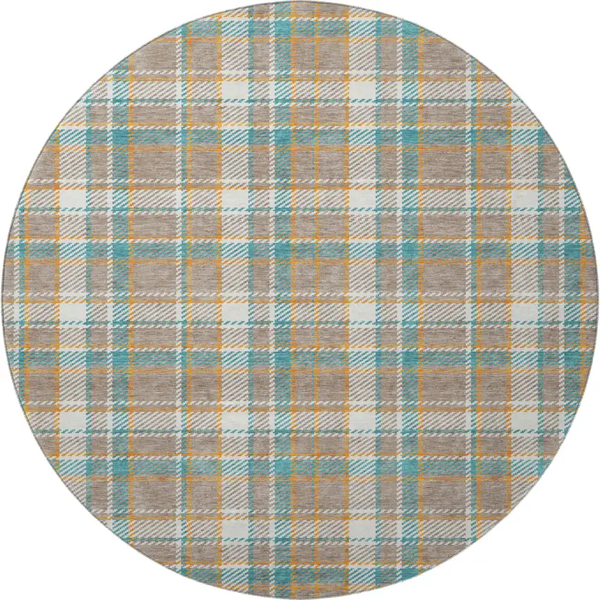 8' X 8' Taupe Ivory And Teal Plaid Washable Round Rug With UV Protection Photo 3
