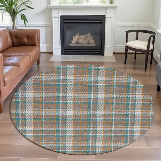 8' X 8' Taupe Ivory And Teal Plaid Washable Round Rug With UV Protection Photo 4