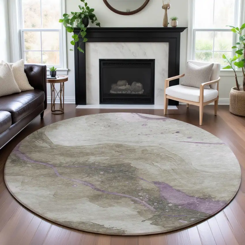 8' X 8' Taupe Lavender And Ivory Abstract Washable Round Rug With UV Protection Photo 4