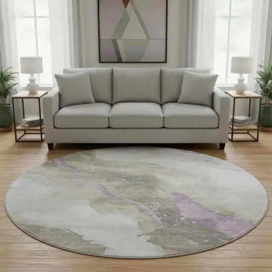8' X 8' Taupe Lavender And Ivory Abstract Washable Round Rug With UV Protection Photo 2