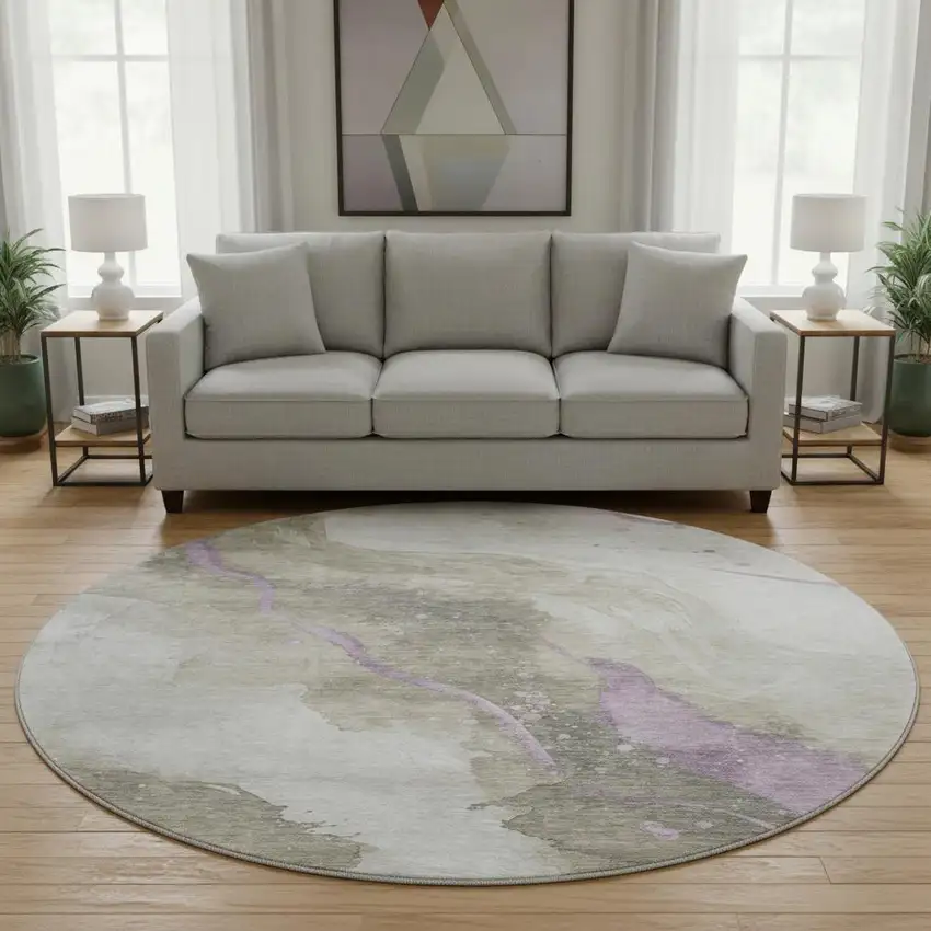 8' X 8' Taupe Lavender And Ivory Abstract Washable Round Rug With UV Protection Photo 2