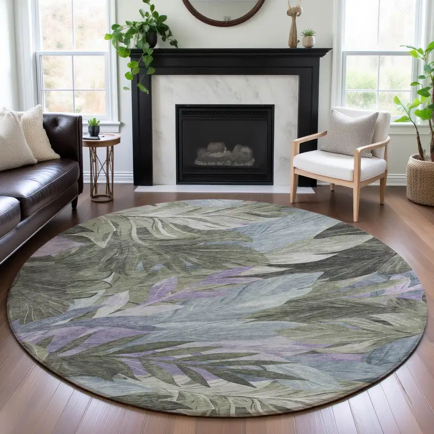 8' X 8' Taupe Lavender And Olive Green Floral Washable Round Rug With UV Protection Photo 4