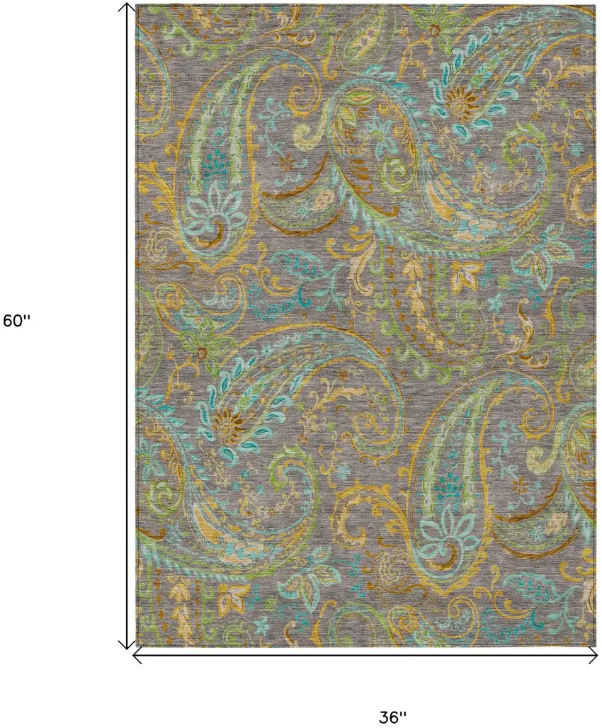 Taupe Paisley Washable Non Skid Indoor Outdoor Area Rug Photo 3