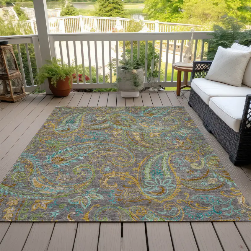 Taupe Paisley Washable Non Skid Indoor Outdoor Area Rug Photo 9