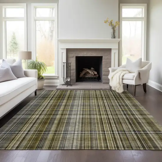 Green Beige and Gray Plaid Washable Non Skid Indoor Outdoor Area Rug Photo 9