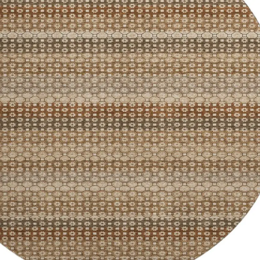 8' X 8' Taupe Rust And Brown Striped Washable Round Rug With UV Protection Photo 2