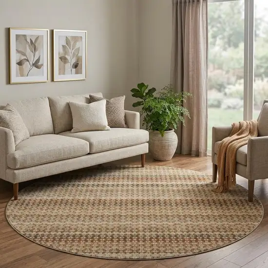 8' X 8' Taupe Rust And Brown Striped Washable Round Rug With UV Protection Photo 1