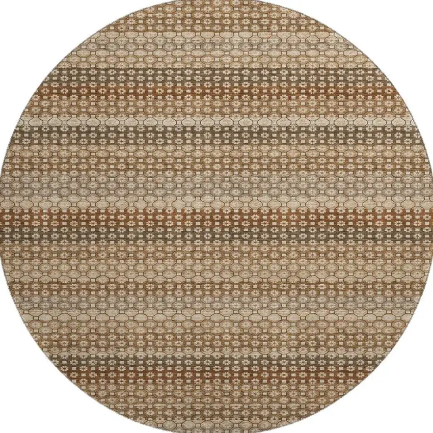 8' X 8' Taupe Rust And Brown Striped Washable Round Rug With UV Protection Photo 3