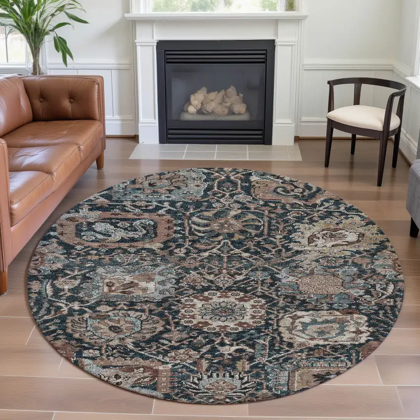 8' X 8' Taupe Teal And Brown Floral Washable Round Rug With UV Protection Photo 4