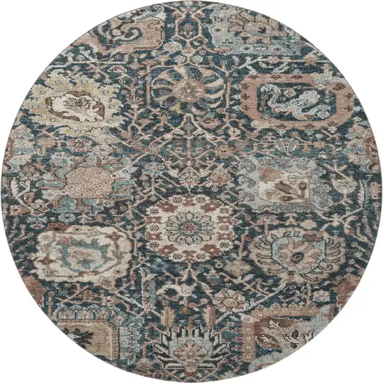 8' X 8' Taupe Teal And Brown Floral Washable Round Rug With UV Protection Photo 3