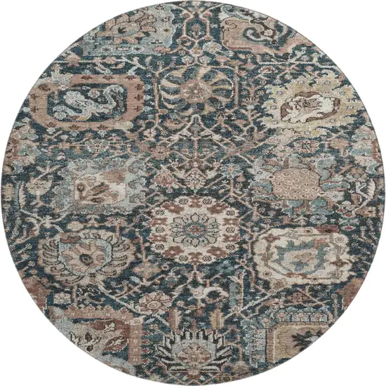 8' X 8' Taupe Teal And Brown Floral Washable Round Rug With UV Protection Photo 1