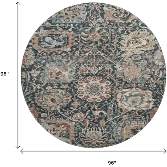8' X 8' Taupe Teal And Brown Floral Washable Round Rug With UV Protection Photo 9