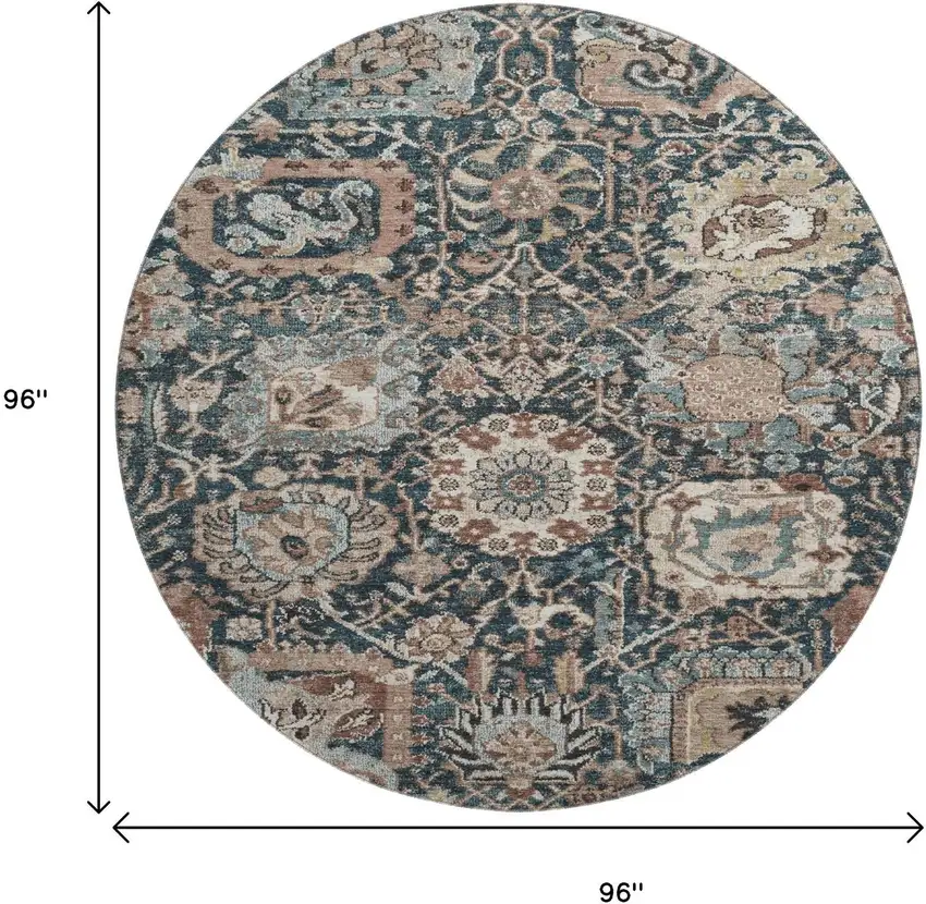 8' X 8' Taupe Teal And Brown Floral Washable Round Rug With UV Protection Photo 9