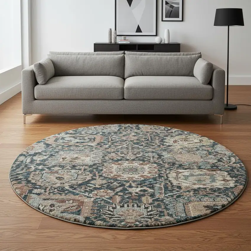 8' X 8' Taupe Teal And Brown Floral Washable Round Rug With UV Protection Photo 2