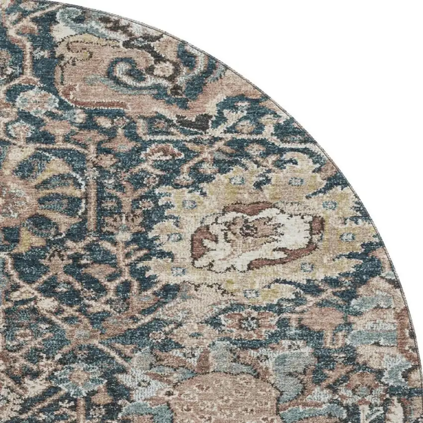 8' X 8' Taupe Teal And Brown Floral Washable Round Rug With UV Protection Photo 2