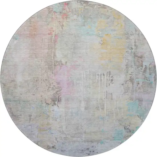 8' X 8' Taupe Teal And Purple Abstract Washable Round Rug With UV Protection Photo 3