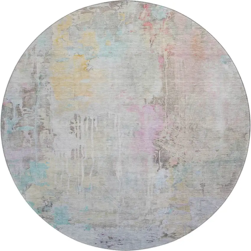8' X 8' Taupe Teal And Purple Abstract Washable Round Rug With UV Protection Photo 1