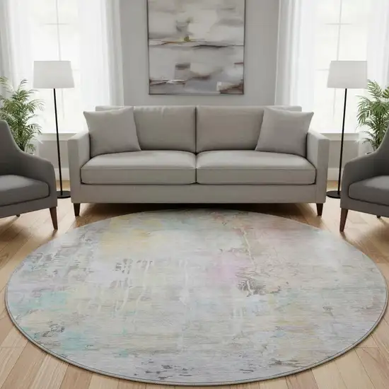 8' X 8' Taupe Teal And Purple Abstract Washable Round Rug With UV Protection Photo 2