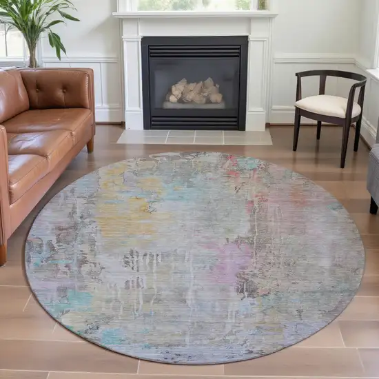 8' X 8' Taupe Teal And Purple Abstract Washable Round Rug With UV Protection Photo 4
