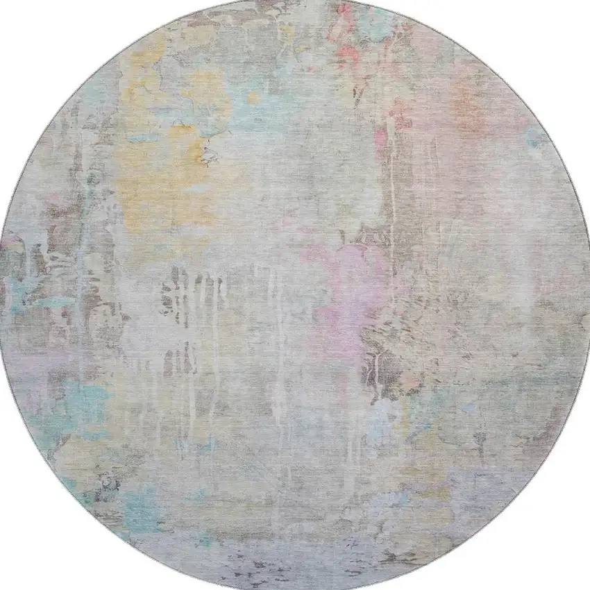 8' X 8' Taupe Teal And Purple Abstract Washable Round Rug With UV Protection Photo 2