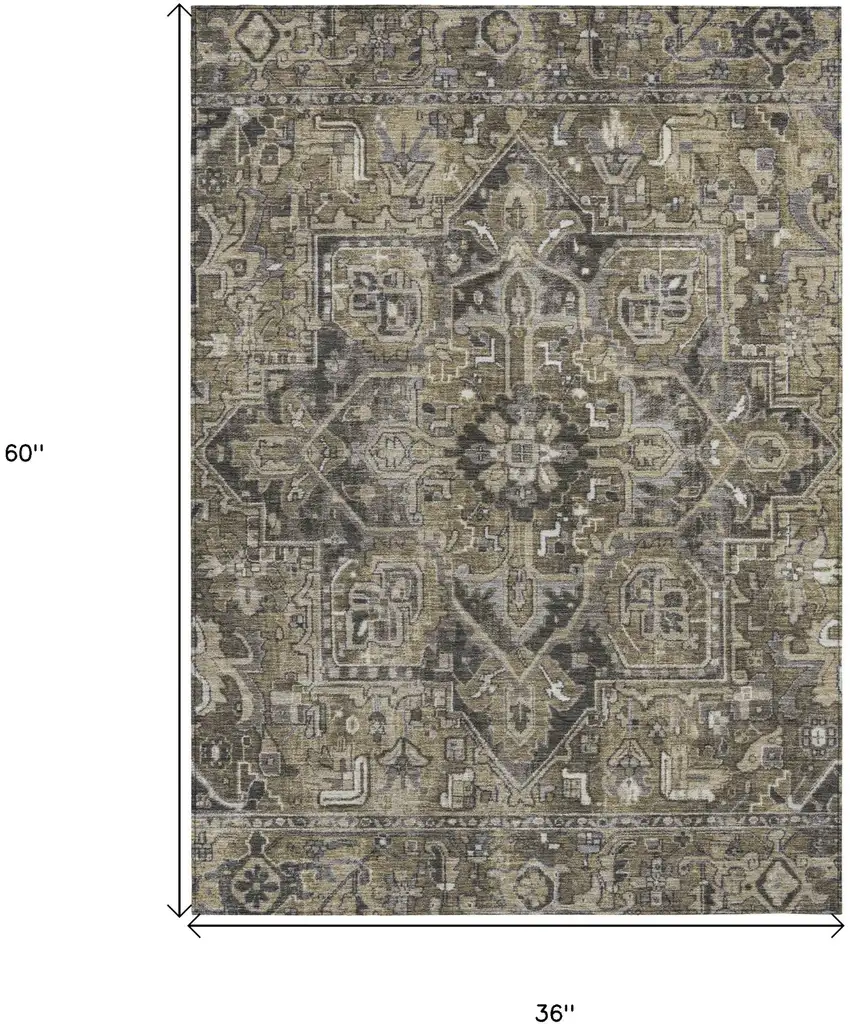 3' X 5' Taupe and Dark Taupe Oriental Washable Non Skid Indoor Outdoor Area Rug Photo 3