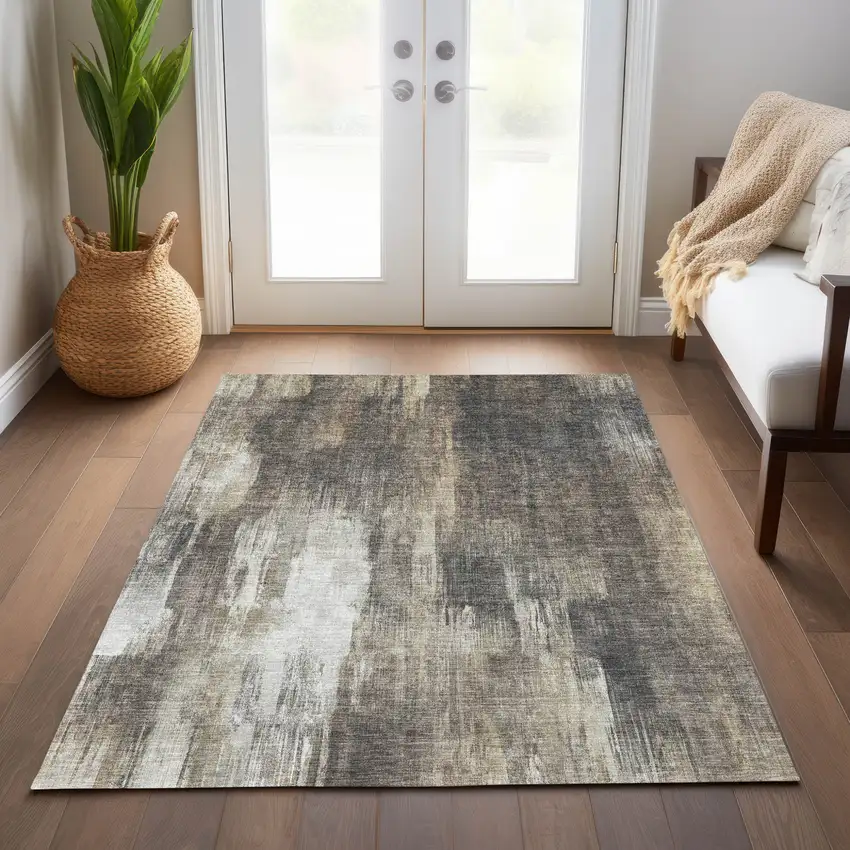 Taupe And Gray Abstract Washable Indoor Outdoor Area Rug Photo 9
