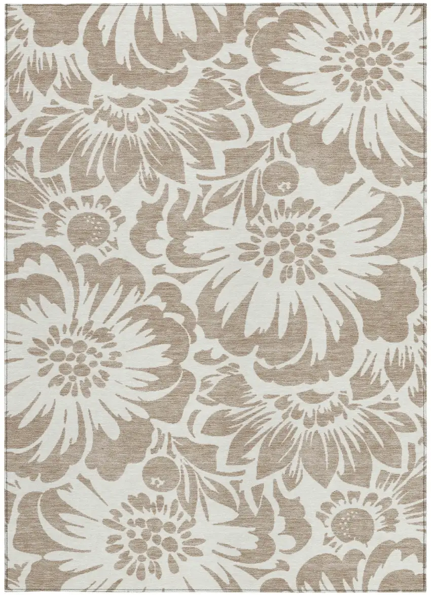 Taupe and Ivory Floral Washable Non Skid Indoor Outdoor Area Rug Photo 5