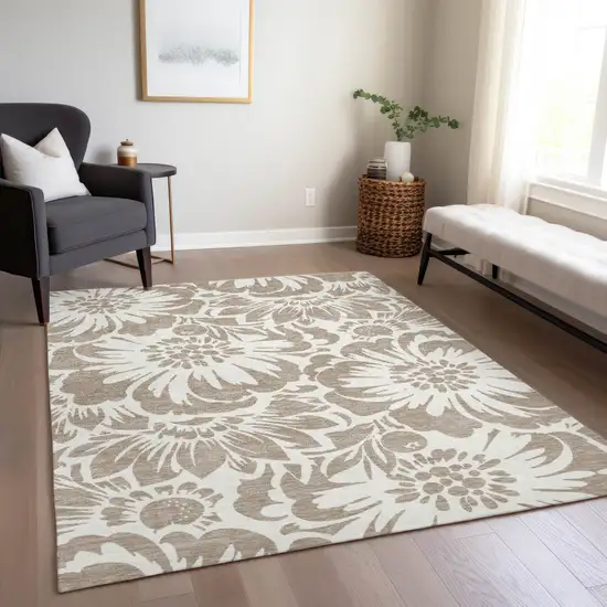 Taupe and Ivory Floral Washable Non Skid Indoor Outdoor Area Rug Photo 9