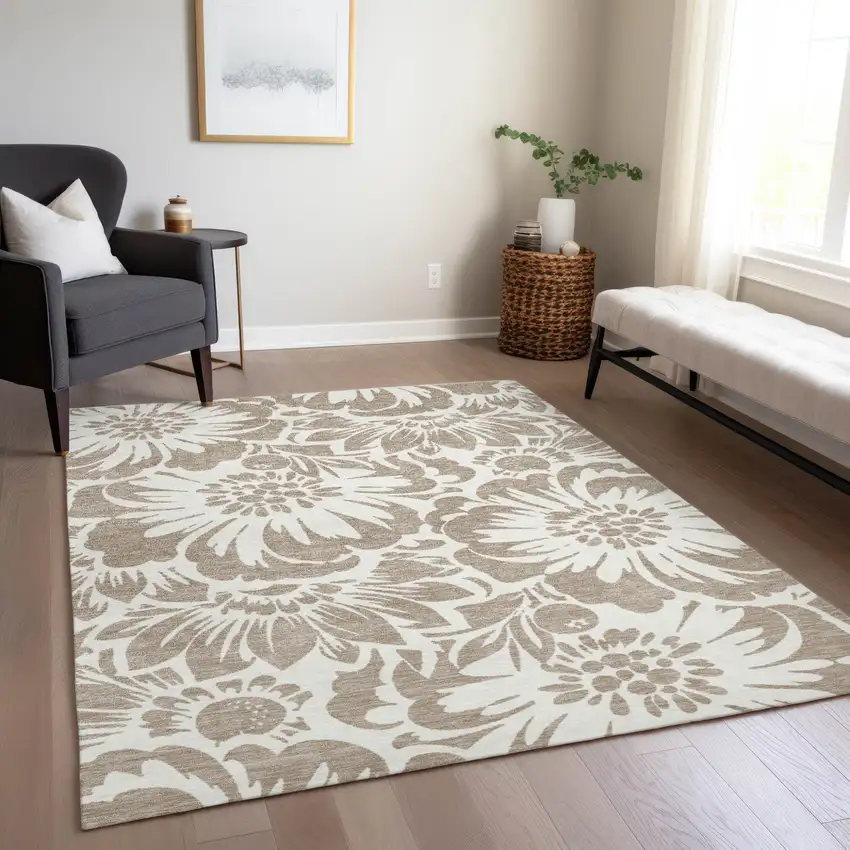 Taupe and Ivory Floral Washable Non Skid Indoor Outdoor Area Rug Photo 9