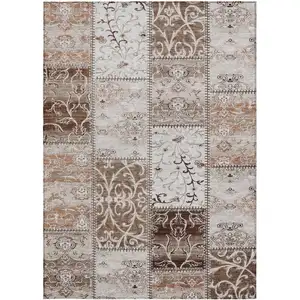 Photo of 3' X 4' Taupe and Ivory Patchwork Washable Non Skid Indoor Outdoor Area Rug