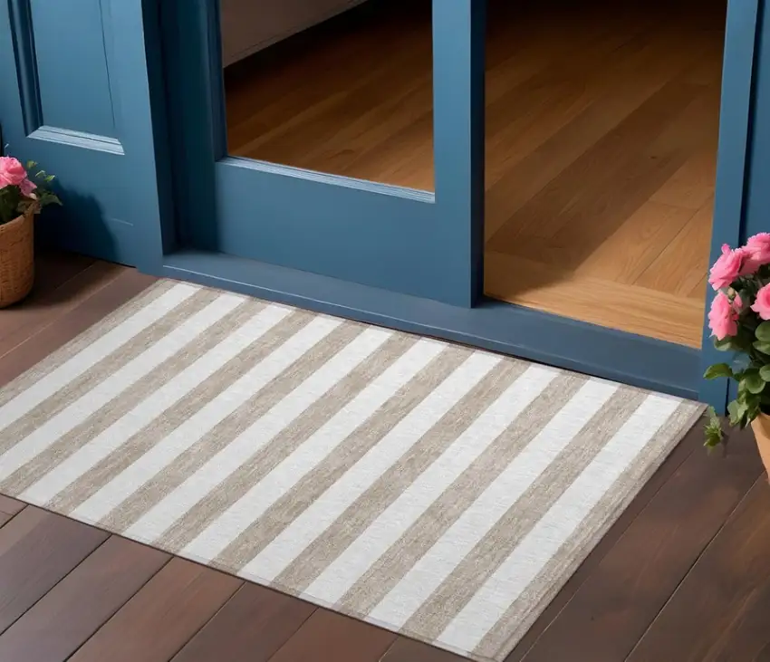 Taupe and White Striped Washable Indoor Outdoor Area Rug Photo 1