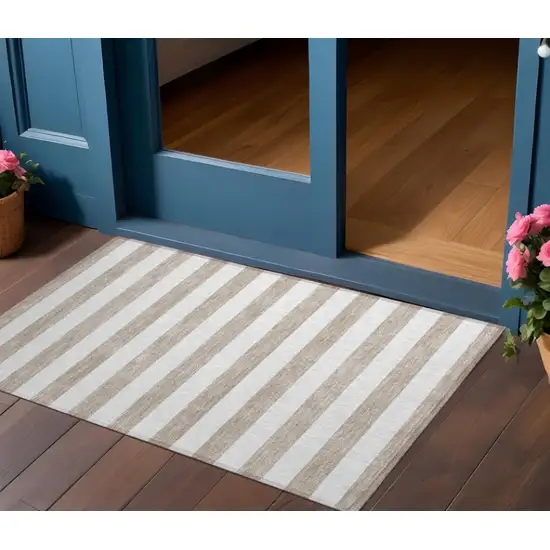 Taupe and White Striped Washable Indoor Outdoor Area Rug Photo 1