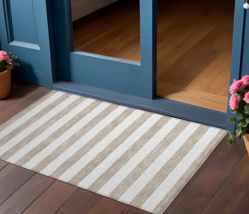 Taupe and White Striped Washable Indoor Outdoor Area Rug Photo 1