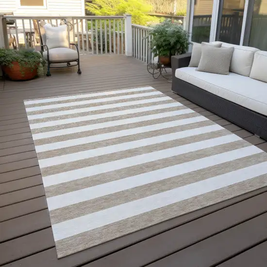 Taupe and White Striped Washable Indoor Outdoor Area Rug Photo 8