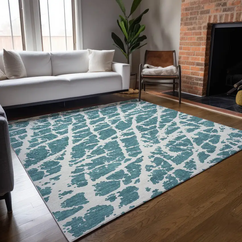 Teal Abstract Washable Non Skid Indoor Outdoor Area Rug Photo 9