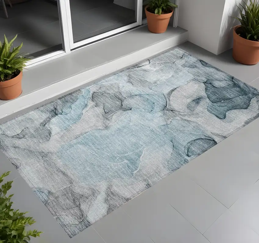 3' X 5' Teal Abstract Washable Non Skid Indoor Outdoor Area Rug Photo 1
