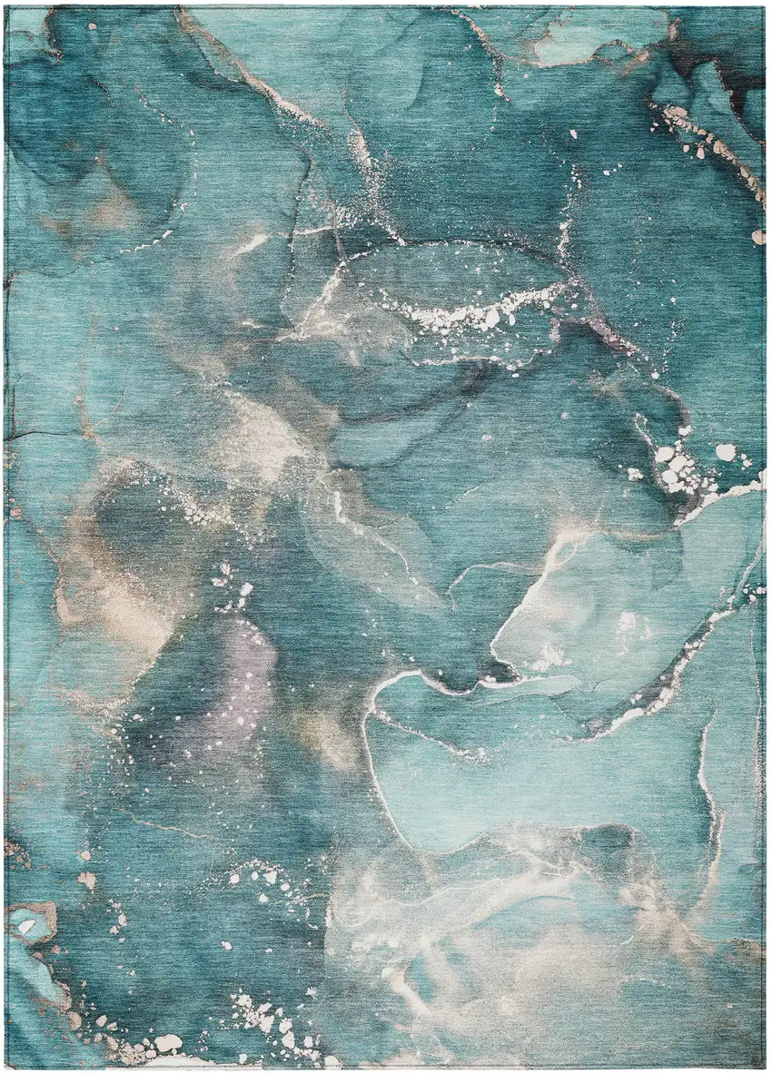 3' X 5' Teal Abstract Washable Non Skid Indoor Outdoor Area Rug Photo 2