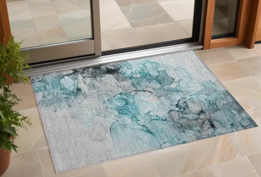 Teal Abstract Washable Non Skid Indoor Outdoor Area Rug Photo 1