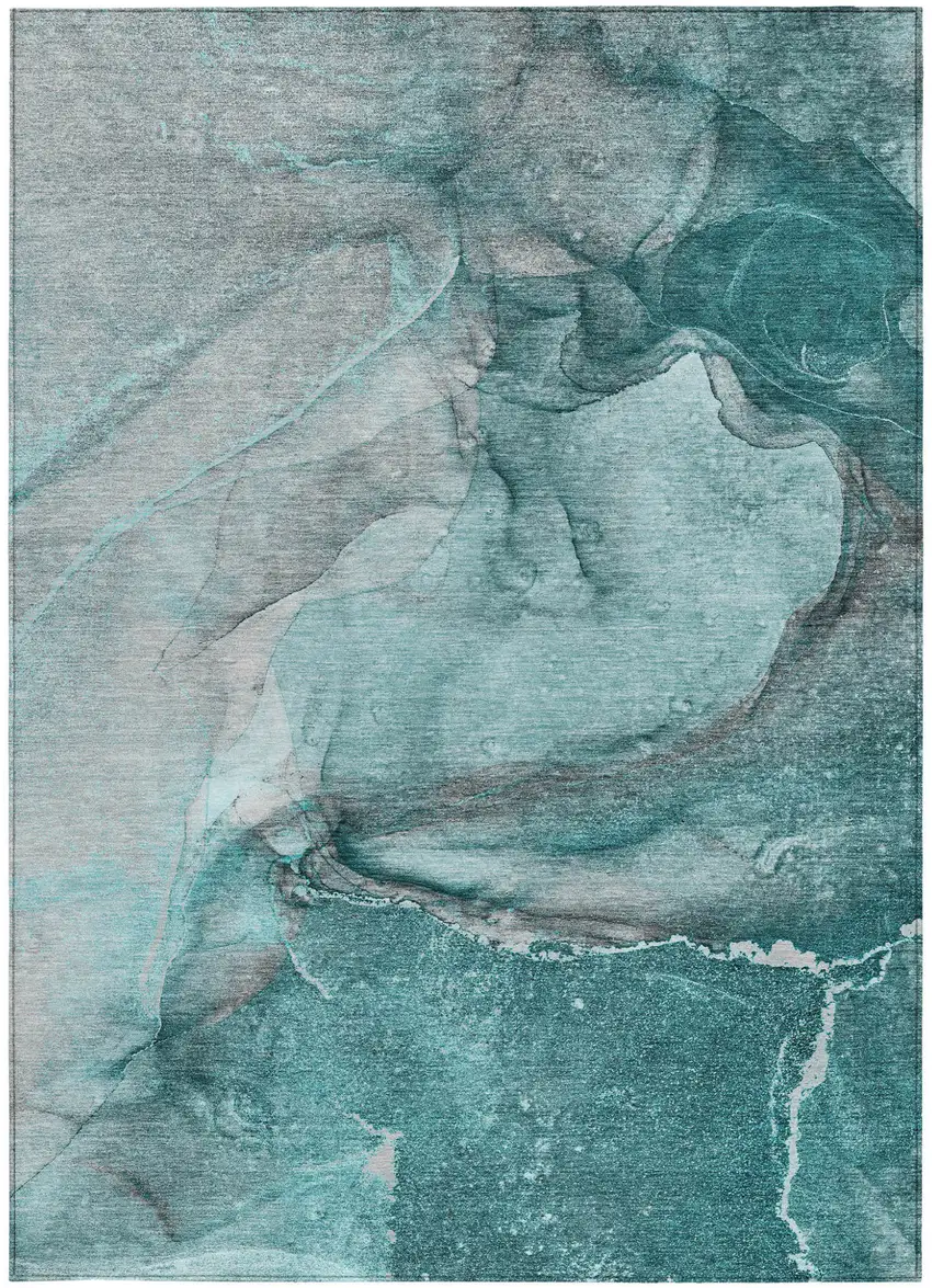 Teal Abstract Washable Non Skid Indoor Outdoor Area Rug Photo 4