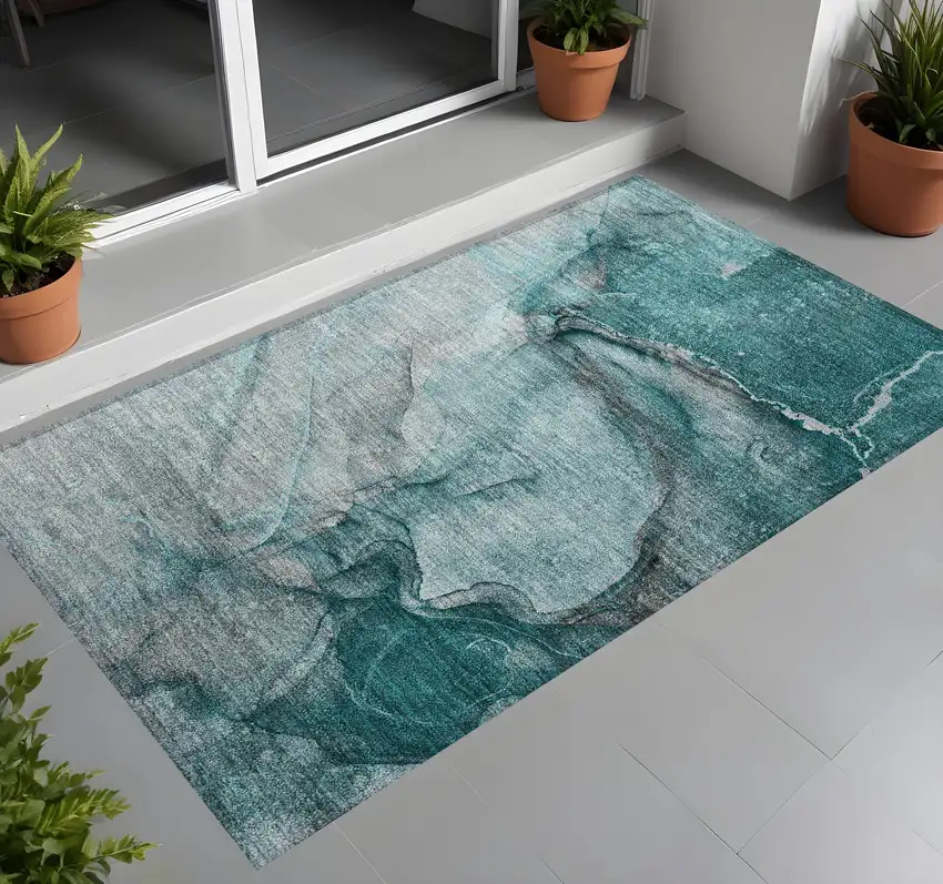 Teal Abstract Washable Non Skid Indoor Outdoor Area Rug Photo 1