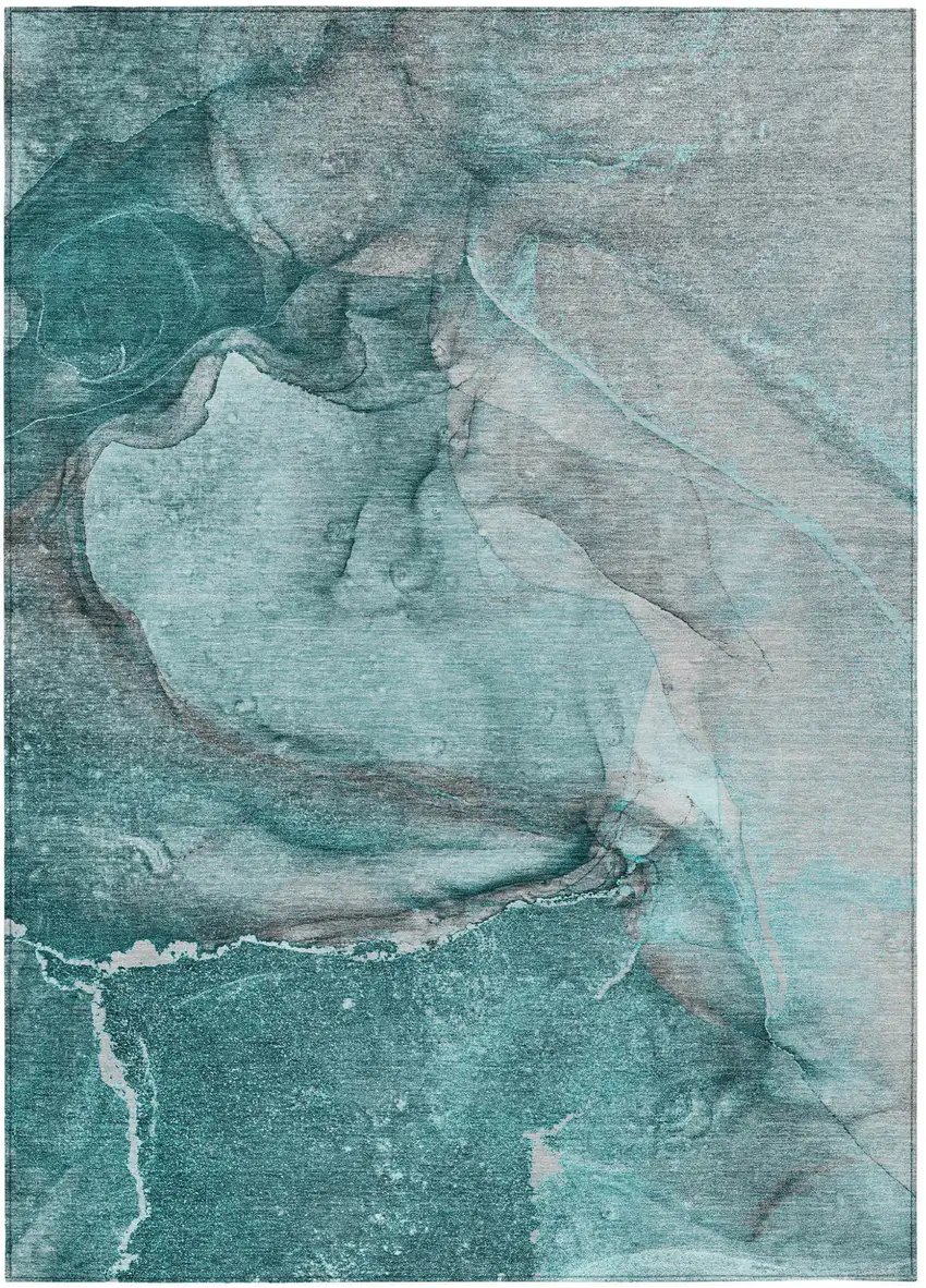 Teal Abstract Washable Non Skid Indoor Outdoor Area Rug Photo 2