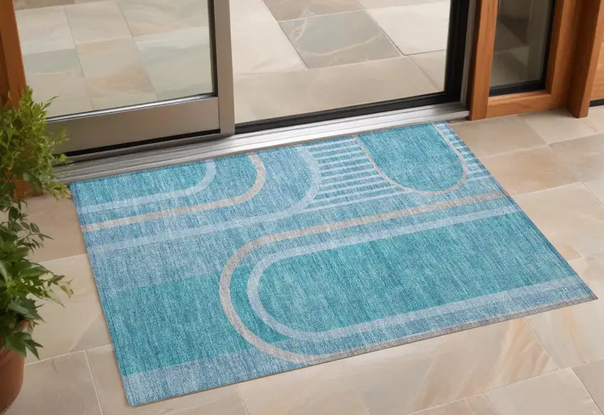3' X 4' Teal Abstract Washable Non Skid Indoor Outdoor Area Rug Photo 1