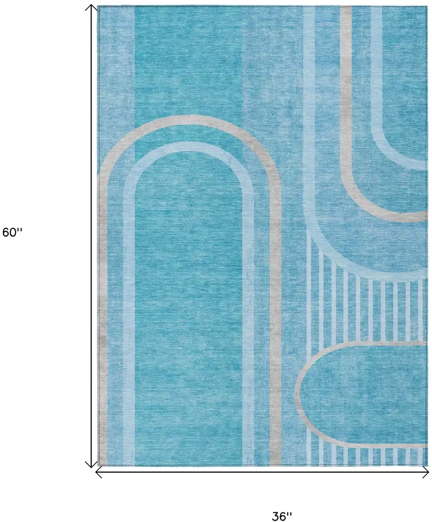 Teal Abstract Washable Indoor Outdoor Area Rug Photo 3