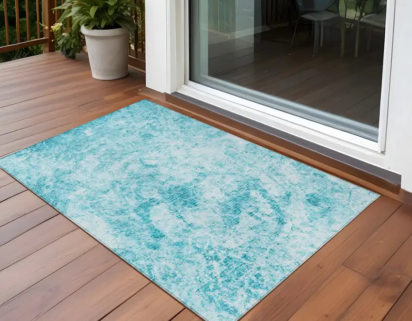Teal Abstract Washable Non Skid Indoor Outdoor Area Rug Photo 1