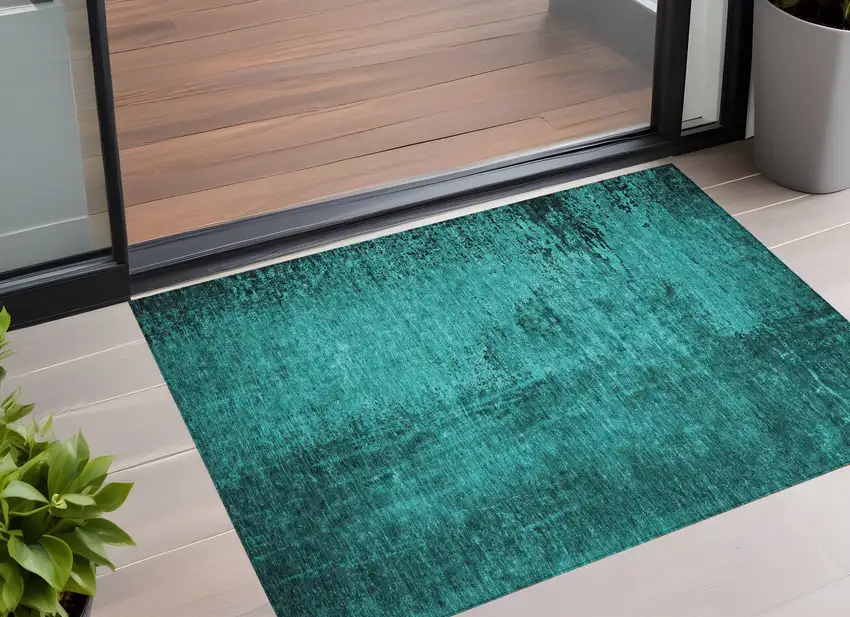 3' X 5' Teal Abstract Washable Non Skid Indoor Outdoor Area Rug Photo 1