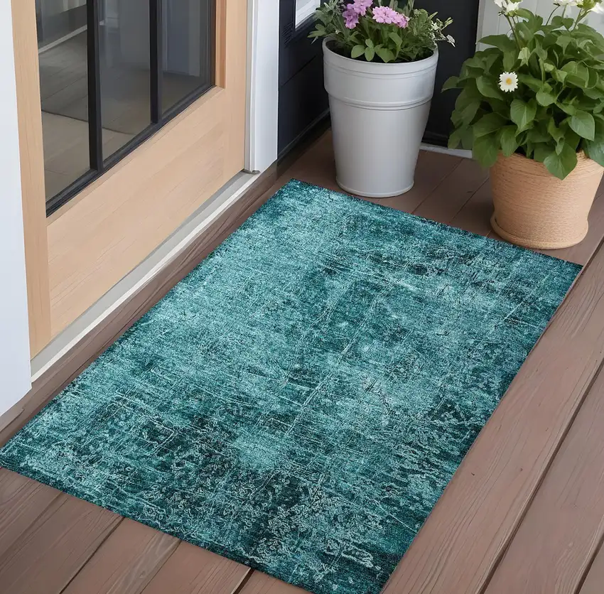 Teal Abstract Washable Non Skid Indoor Outdoor Area Rug Photo 1