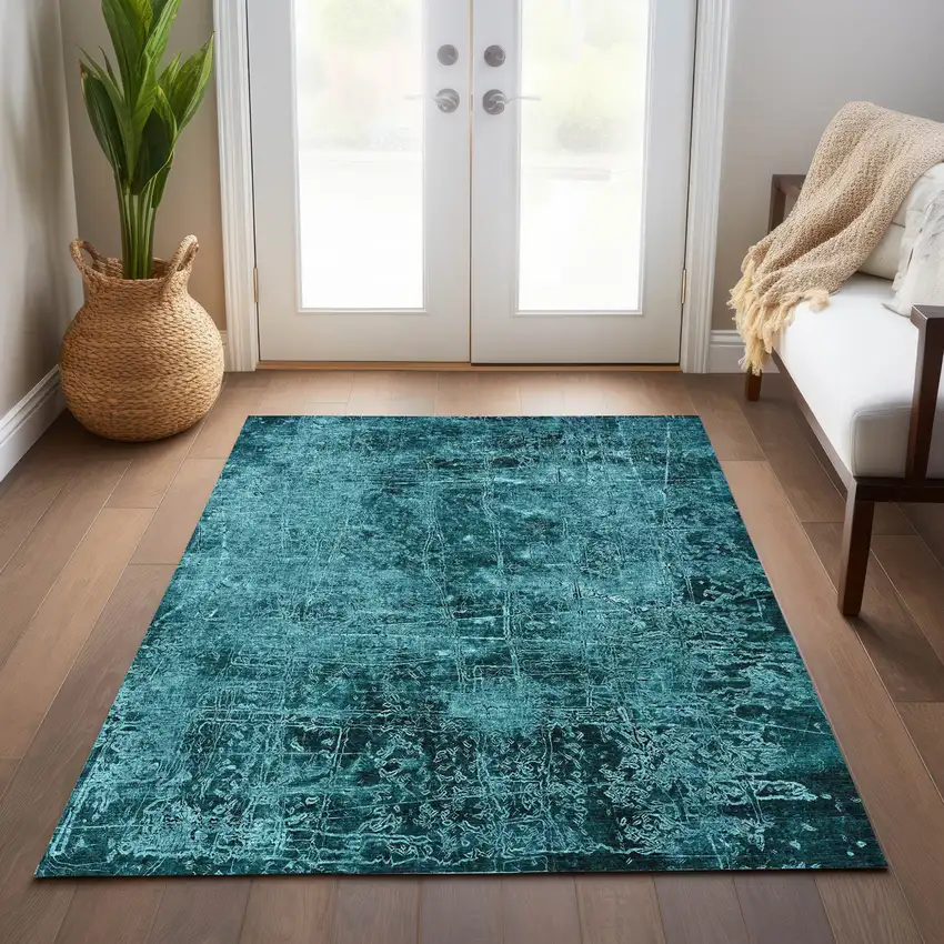 Teal Abstract Washable Non Skid Indoor Outdoor Area Rug Photo 9