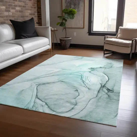 Teal Abstract Washable Non Skid Indoor Outdoor Area Rug Photo 9
